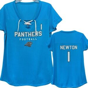 Carolina Panthers Cam Newton #1 Women’s XL Lace-Up NFL Tee Blue